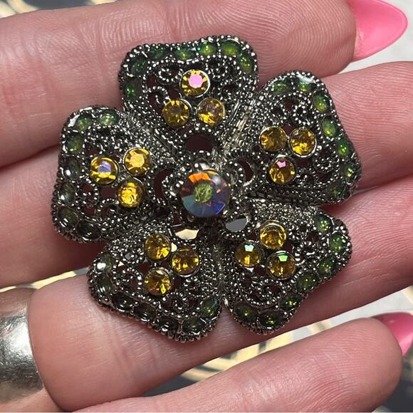 Vintage Sparkling AB Stone Green Enamel Yellow and Pink Silver Flower Brooch D3 - Picture 1 of 8